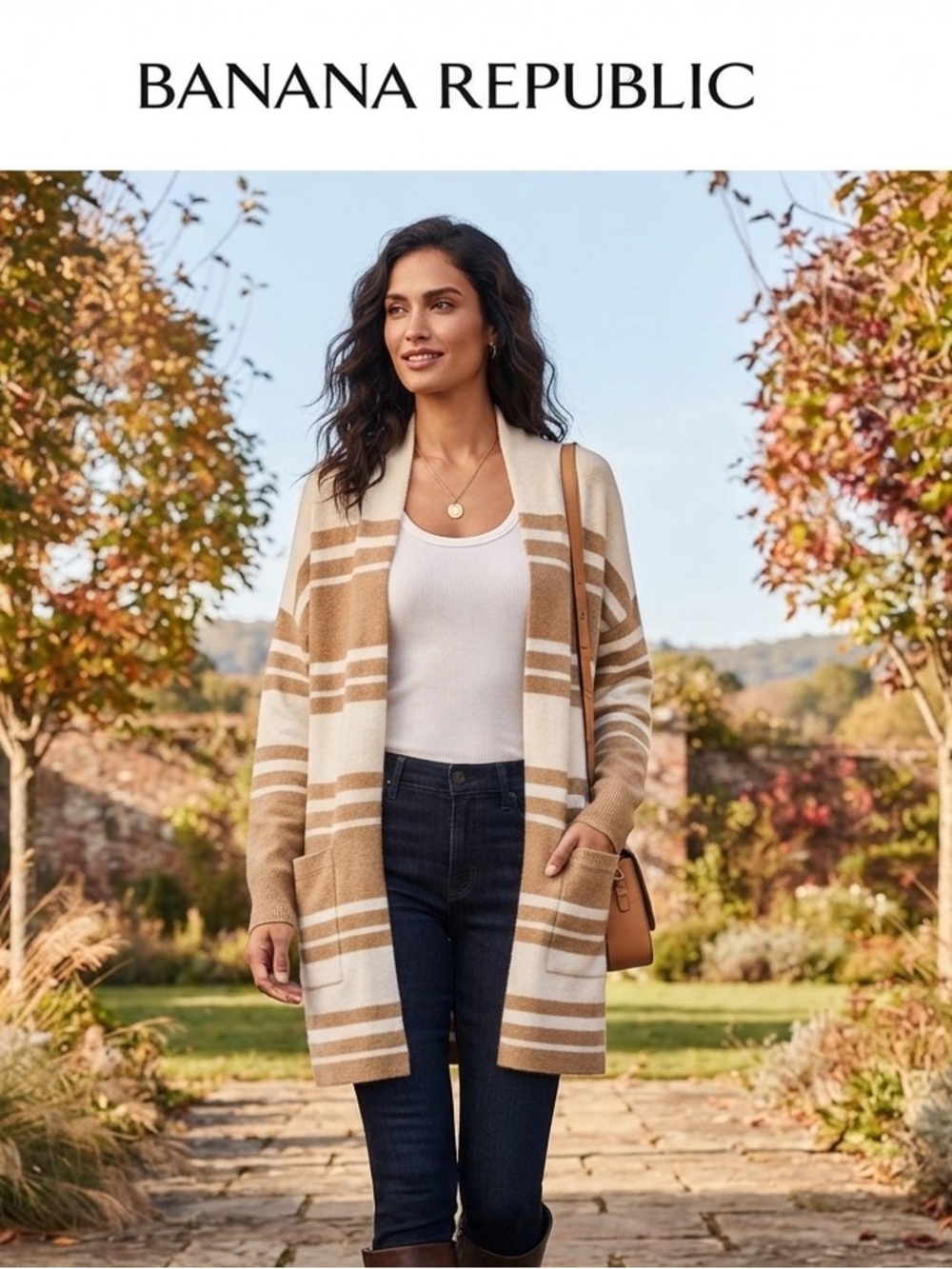 Banana Republic Cream & Tan Striped Open Cardigan